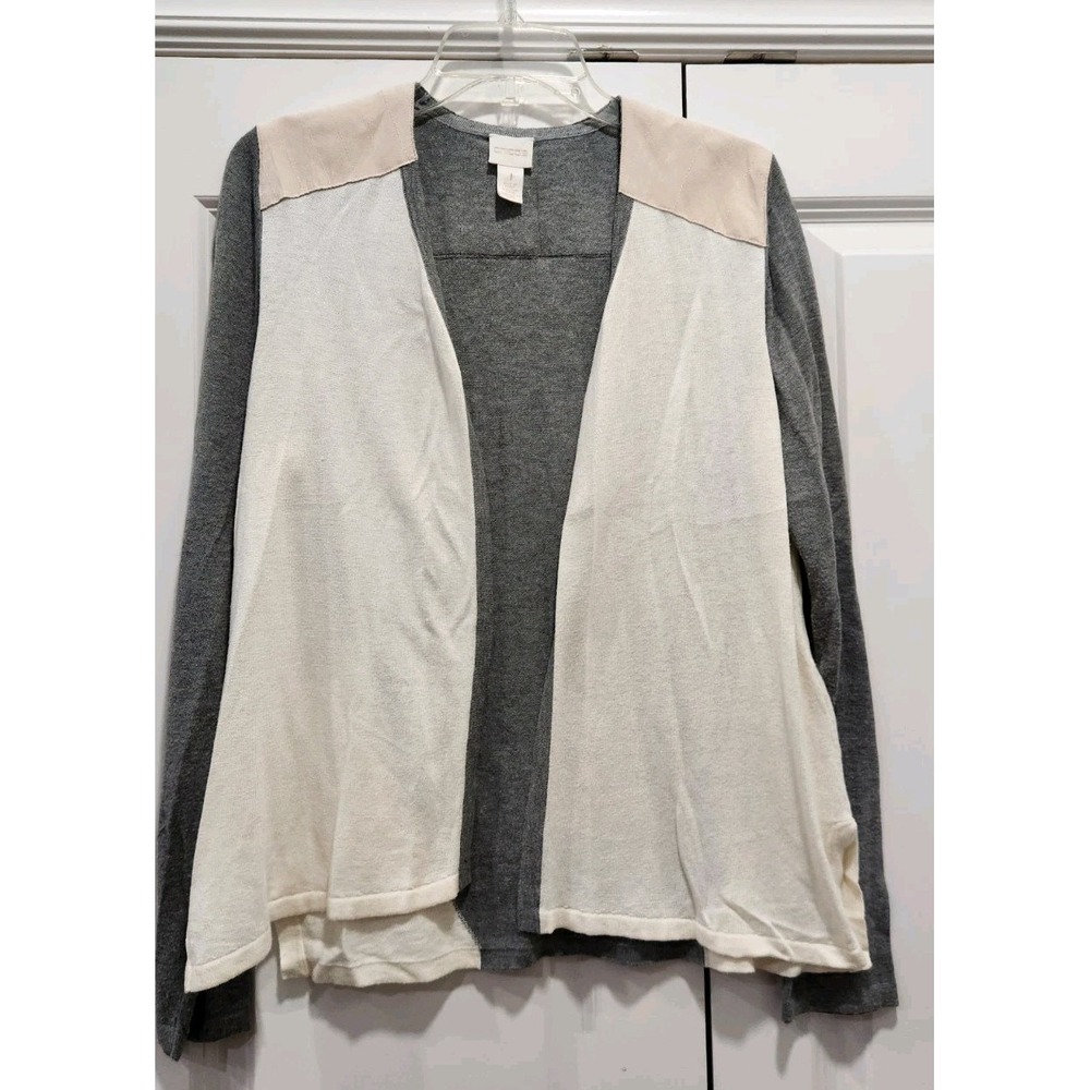 Chicos Open Front Cardigan Sweater Light Weight Gray White Womens Size 1~Medium